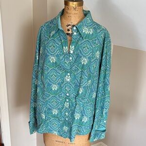 Liz Claiborne Green Teal Patterned Button-Down Blouse 14 W Vintage